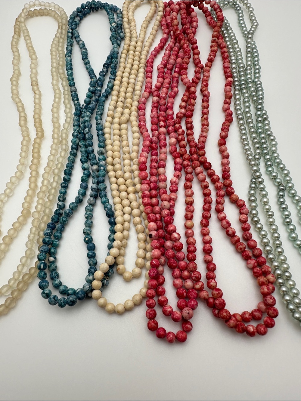 Classic Multicolor Beaded Necklace Set of Five - Red, Teal, Cream, Pearl, Silver - Picture 6 of 10